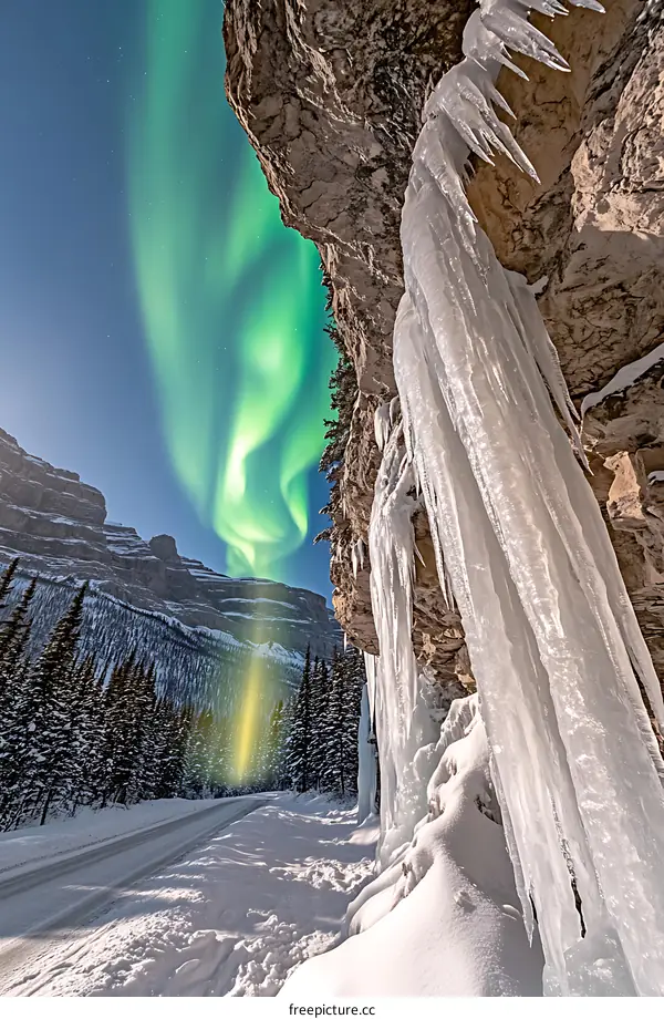 Aurora Borealis Lights Up Snowy Mountain Road