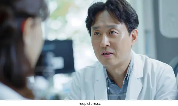 Asian male doctor talking to female patient