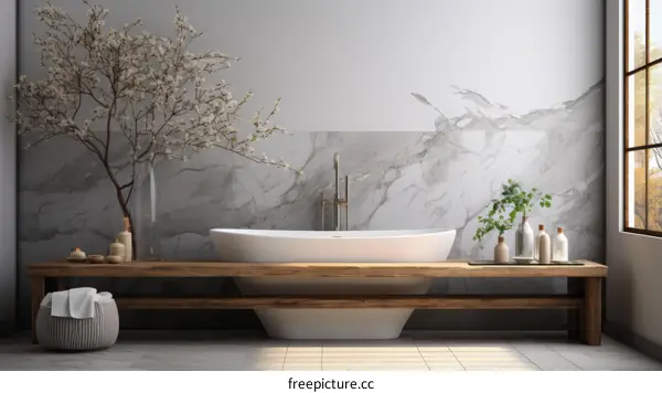 Wooden Bathroom:Japanese Style Interior with Bathtub and Plants