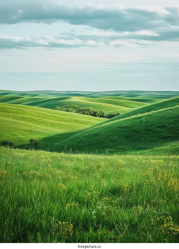 Green rolling hills under blue sky with white clouds
