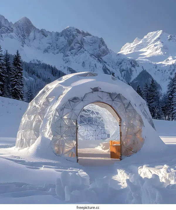 A geodesic dome covered with snow in a snowy mountain