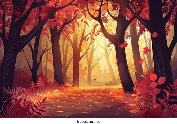 Autumn Forest Landscape with Path and Falling Leaves