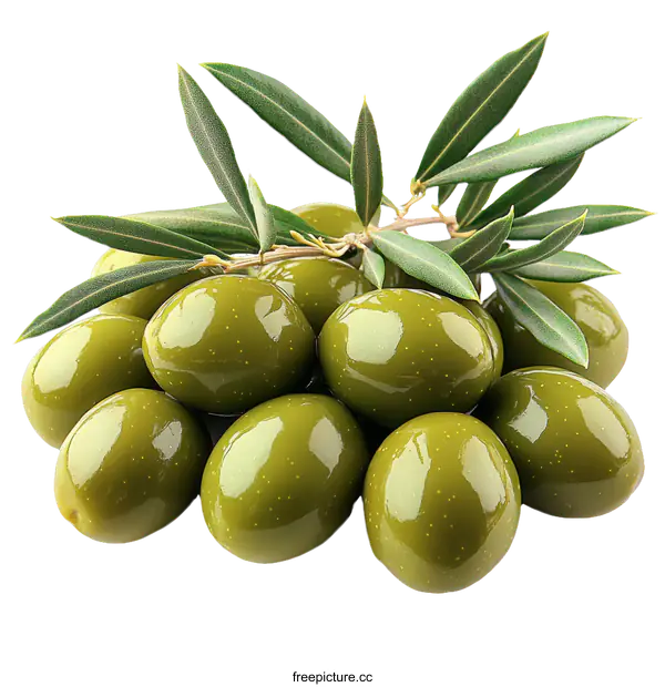 [Transparent Background PNG]Fresh Green Olives with Leaves Close-up