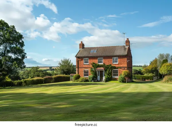 Charming English Countryside Cottage with Red Brick and White Windows