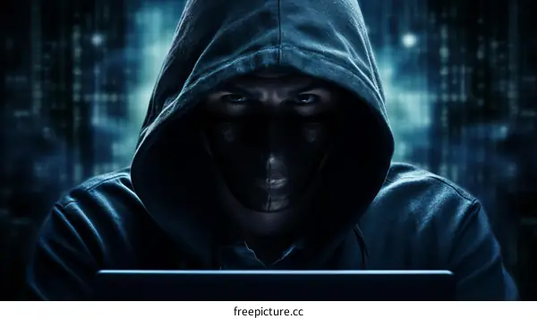 A hacker wearing a mask is looking at the laptop screen