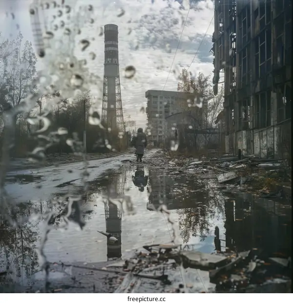 A woman walking through a destroyed city