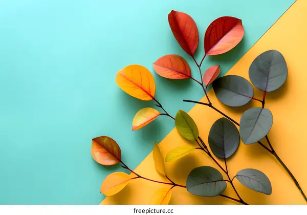 Autumn Leaves on a Blue and Yellow Background