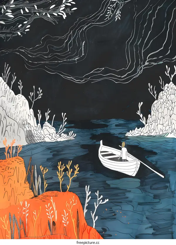 Lonely Boat On Calm Sea With White Cliffs