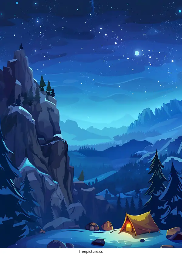 Night Landscape With Mountain Silhouette And Illuminated Tent