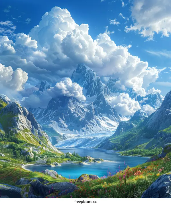 Majestic Mountain Landscape with Lake and Clouds