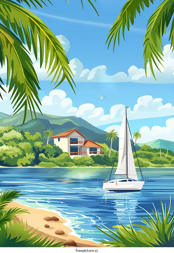 Tropical Island with Sailboat and Villa