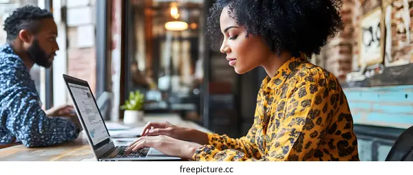 African American Woman Working on Laptop in Cafe