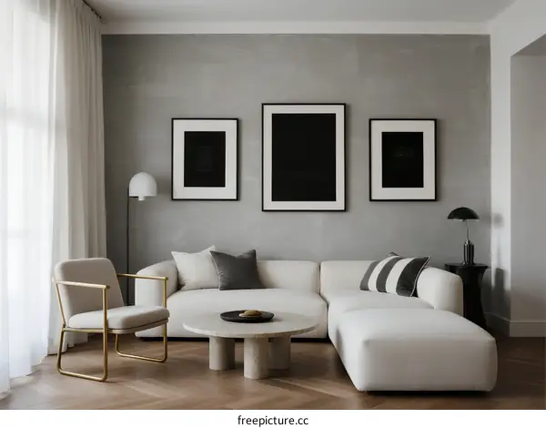 Modern living room with white sofa and black framed artworks