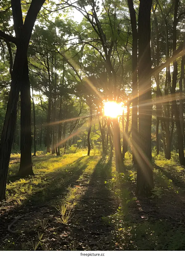 Sunlight shining through the forest trees