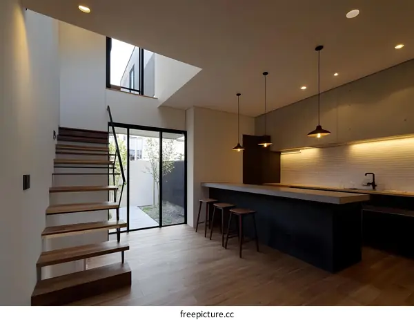 Modern Minimalist Kitchen Interior Design with Concrete Walls and Wooden Flooring