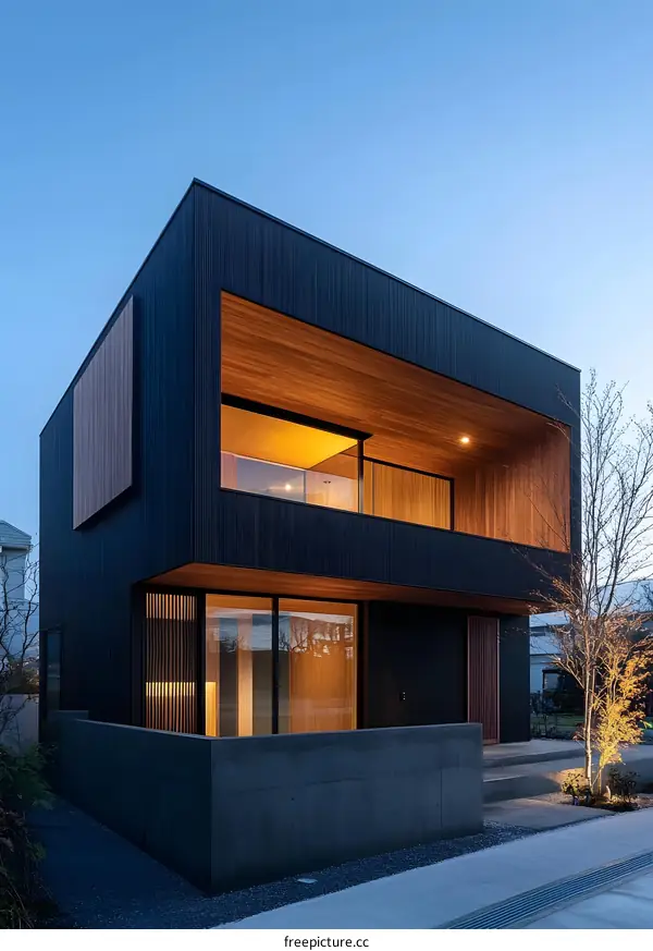 Modern Black and Wood Two Storey House Design