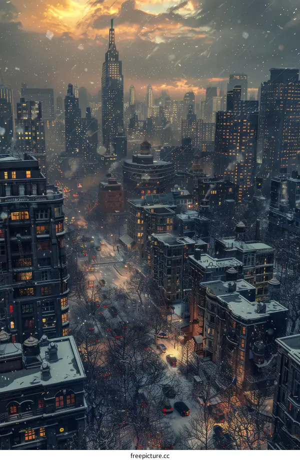 Snowy Winter Cityscape Aerial View