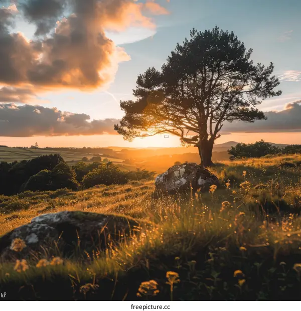 A beautiful sunset over a lonely tree in a vast field