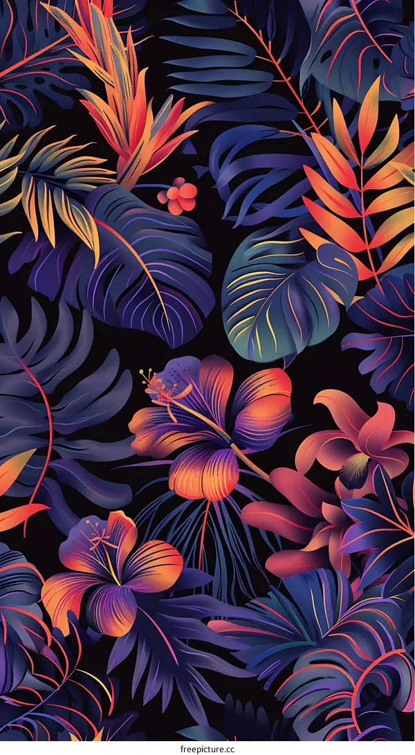 Tropical Floral Seamless Pattern with Dark Background