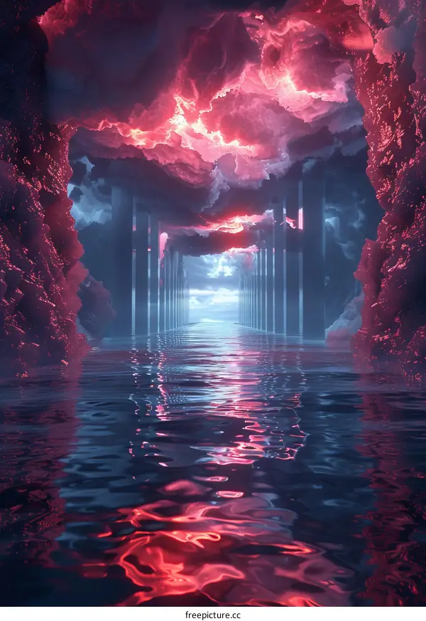 Mystical surreal landscape with glowing clouds and water