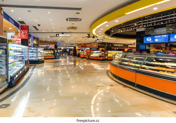 Empty Food Market Interior with Bright Lighting