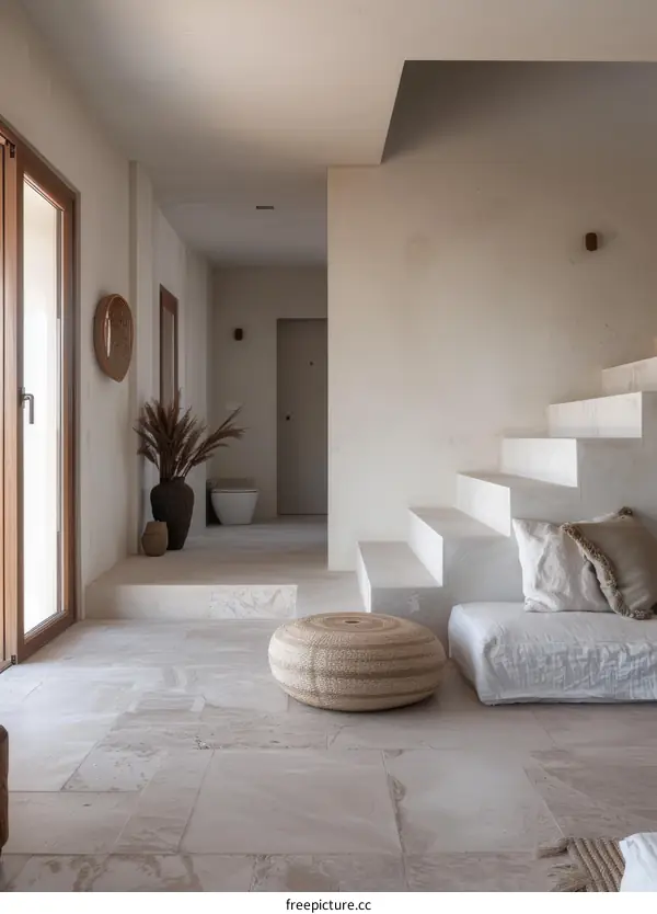 Modern Minimalist Living Room with Stairs and Natural Materials
