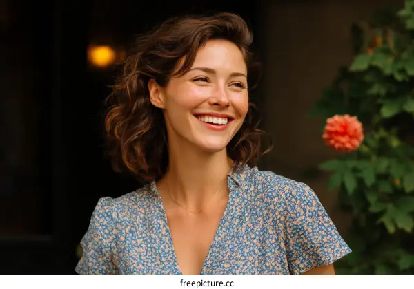 Smiling Woman Outdoors in Summer Dress