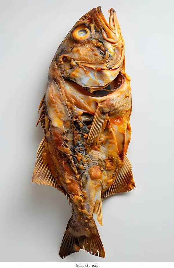 A large, orange fish with its mouth open and its ribs exposed