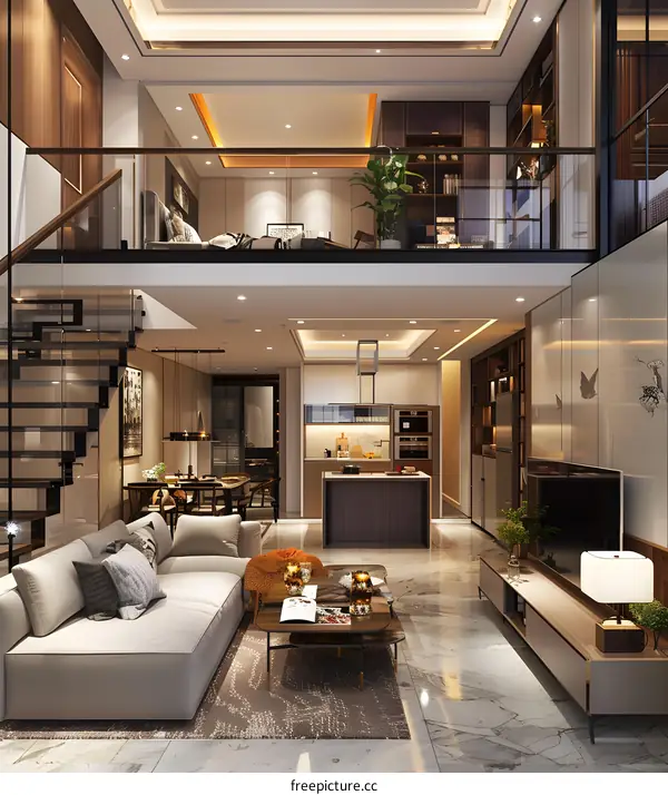 Modern Loft Apartment Interior Design with Glass Railings and a Modern Kitchen