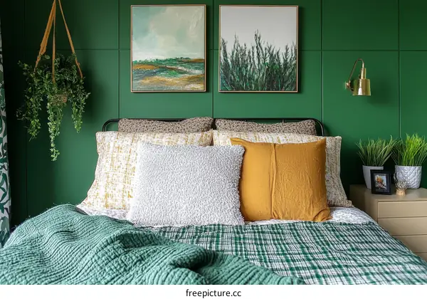 Emerald Green Bedroom with Warm Accents