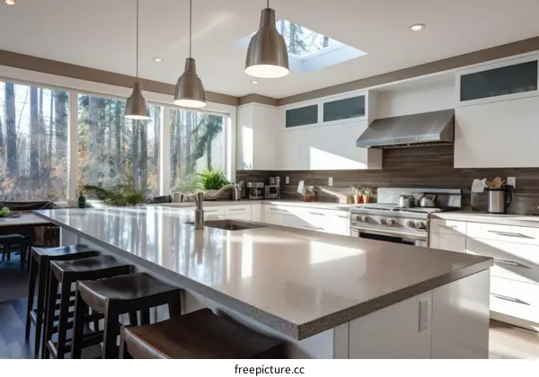 Modern kitchen with large island and stainless steel appliances
