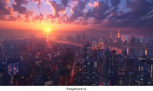 Futuristic City Skyline at Sunset