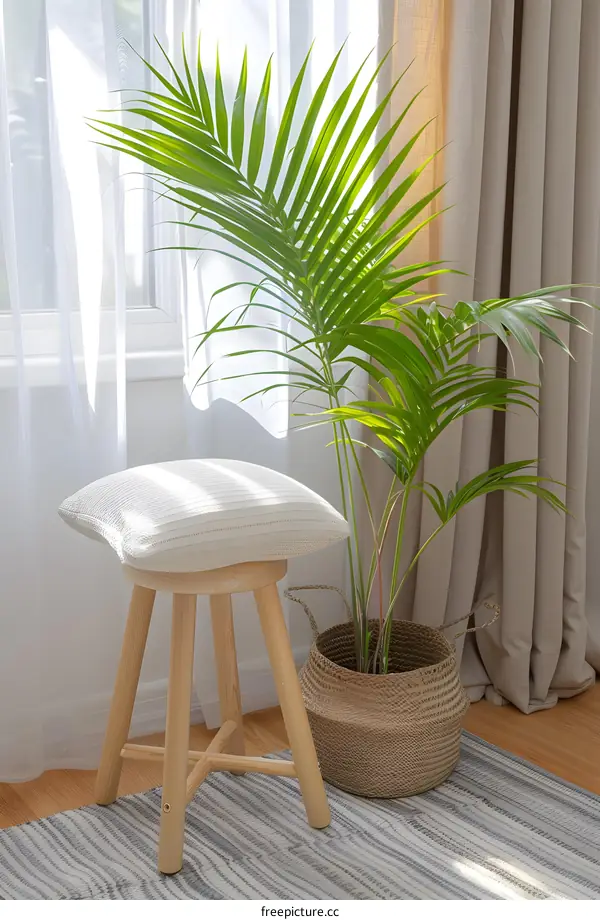 White Stool With Palm Plant In Wicker Basket In Room
