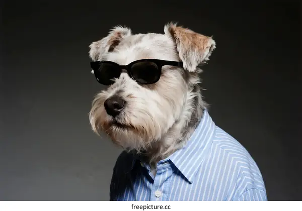 A small dog wearing sunglasses and a striped shirt