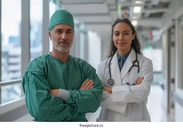 Portrait of a male and female doctor in a hospital hallway
