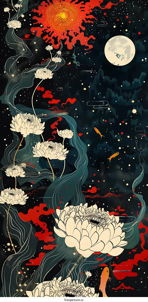 Artistic Illustration of Sun, Moon, and Lotus Flowers in a Dark Background