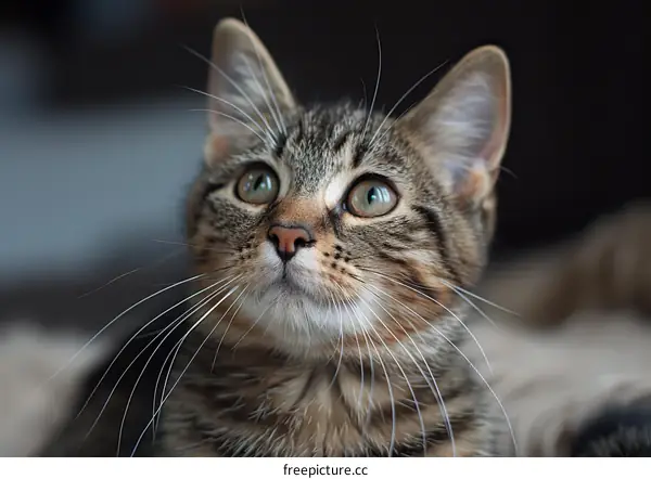 A cute tabby cat looking up with wide eyes