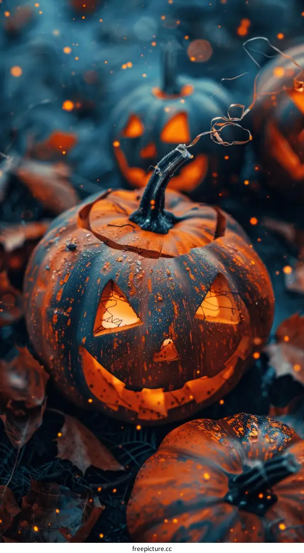 Spooky Halloween Pumpkin with Blue and Orange Lights