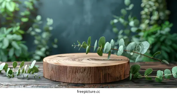 Wooden Round Slice Display with Green Eucalyptus Leaves
