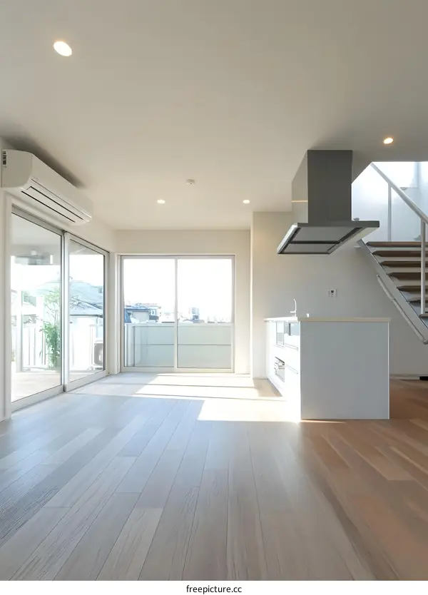 Modern Minimalist Kitchen With Light Wood Floors And White Cabinets