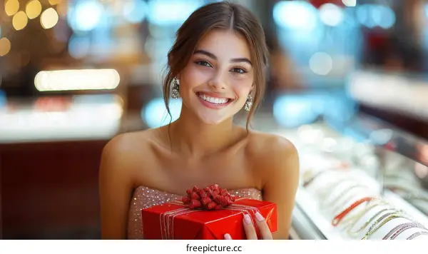 Happy Woman Holding a Gift Box in a Jewelry Store