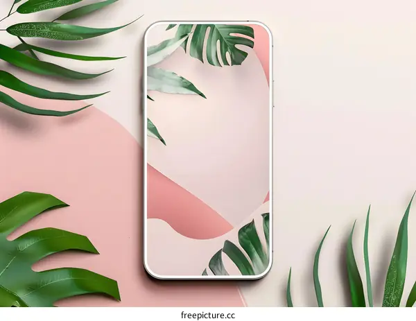 White Smartphone Mockup With Tropical Leaves