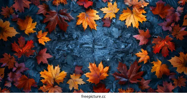 Colorful Autumn Leaves Scattered on Dark Blue Wooden Background