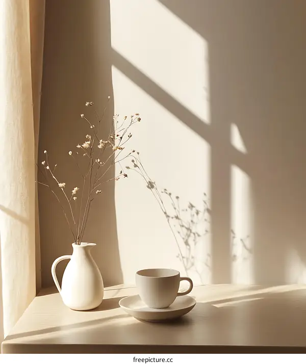 Minimalist Home Decor with Dried Flowers, Cup, and Sunlight