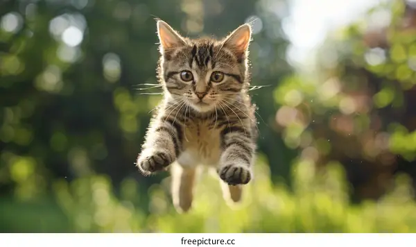 Cute tabby kitten jumping in mid-air with green bokeh background