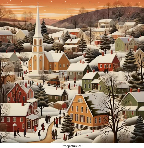 New England Village in Winter with Church and Snowy Streets