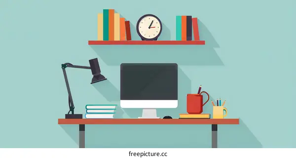 Flat Design Illustration Of Office Desk With Computer Monitor