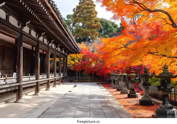 Japanese Temple with Autumn Foliage