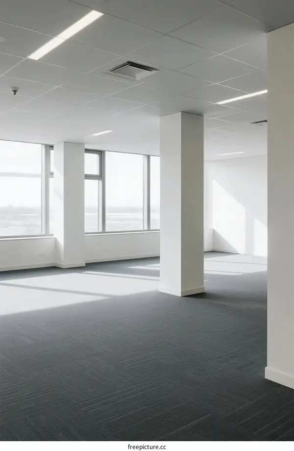 Empty modern office space with large windows and white columns