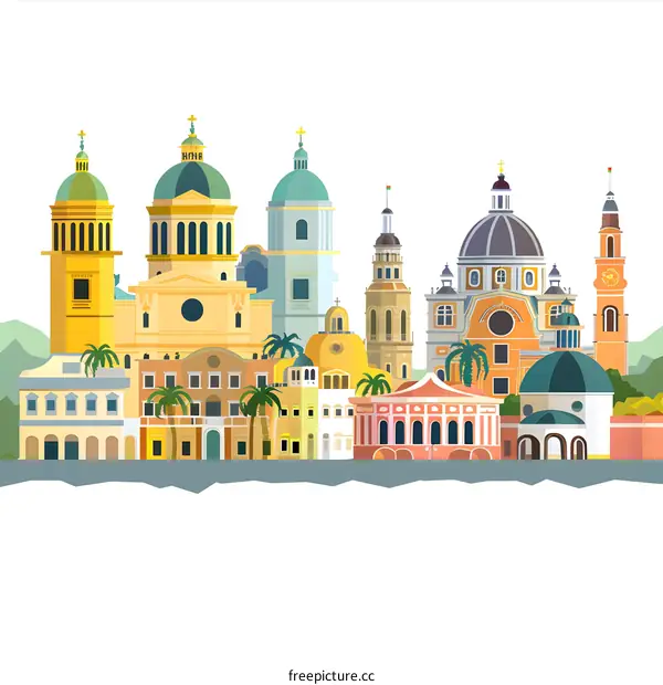 Colorful Illustration of Cityscape with Church Buildings and Palm Trees